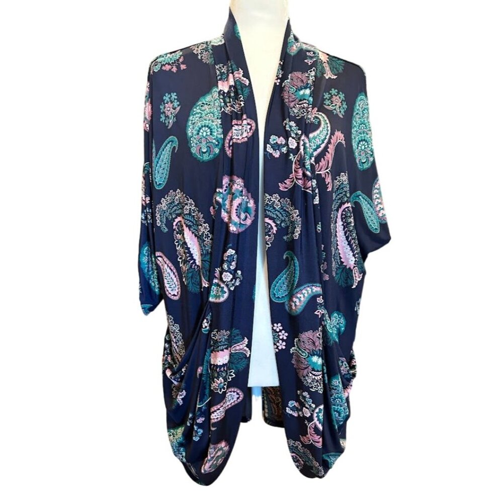 Floral Paisley Print‎ Kimono Cardigan Size L By The ZigZag Stripe In Navy & Pink